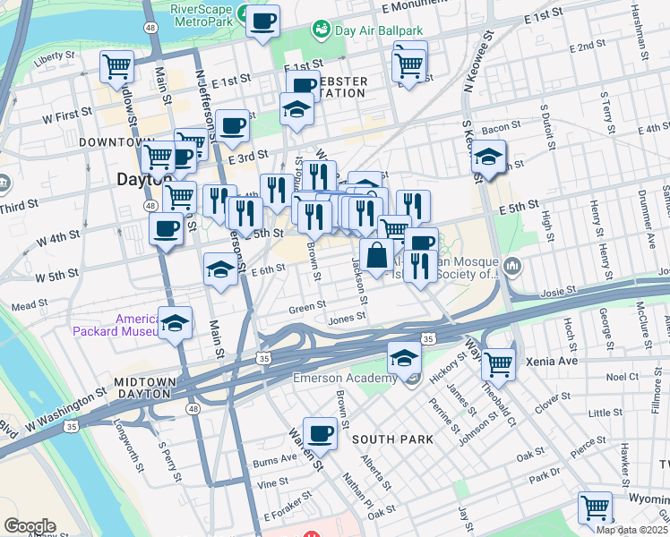 map of restaurants, bars, coffee shops, grocery stores, and more near 20 Trimbach Ln in Dayton
