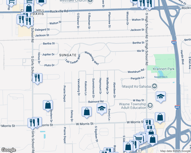 map of restaurants, bars, coffee shops, grocery stores, and more near 641 Summitcrest Drive in Indianapolis