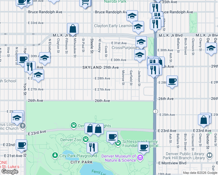 map of restaurants, bars, coffee shops, grocery stores, and more near 3401 East 27th Avenue in Denver