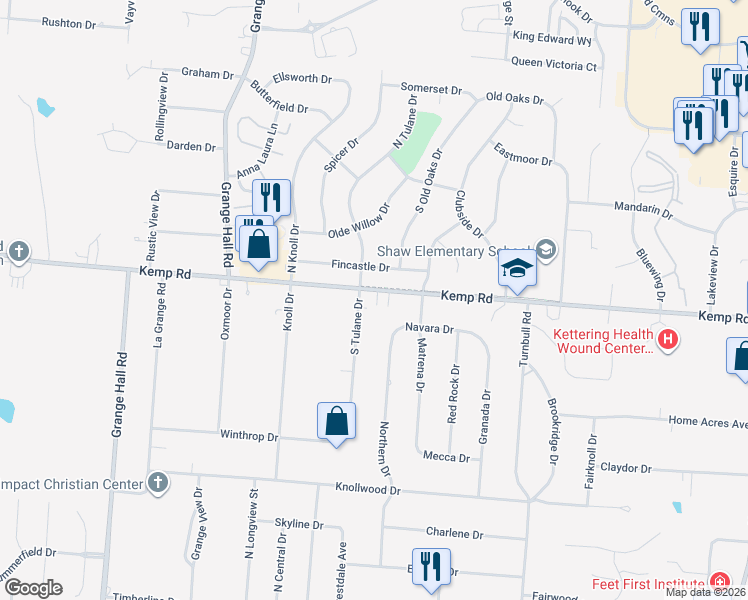 map of restaurants, bars, coffee shops, grocery stores, and more near 3707 Kemp Road in Dayton