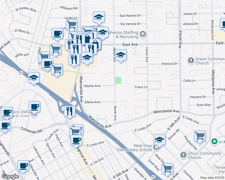 map of restaurants, bars, coffee shops, grocery stores, and more near 2279 North Avenue in Chico