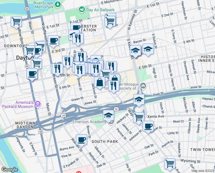 map of restaurants, bars, coffee shops, grocery stores, and more near 415 Wayne Avenue in Dayton
