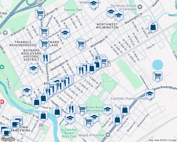 map of restaurants, bars, coffee shops, grocery stores, and more near 2813 Prestwyck Court in Wilmington