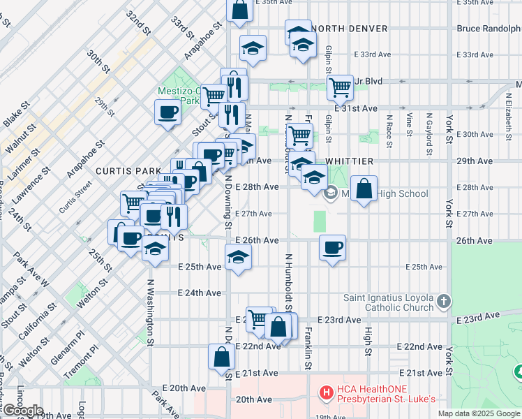 map of restaurants, bars, coffee shops, grocery stores, and more near 1325 East 27th Avenue in Denver