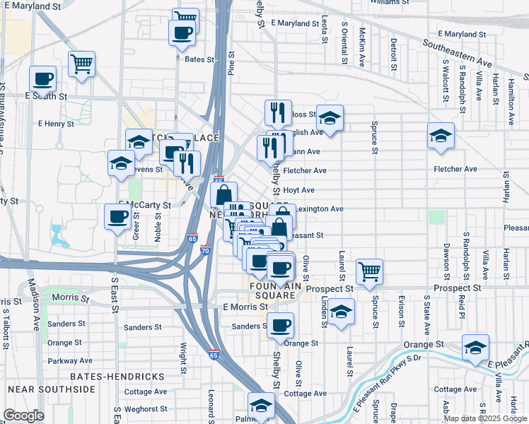 map of restaurants, bars, coffee shops, grocery stores, and more near 1024 Elm Street in Indianapolis