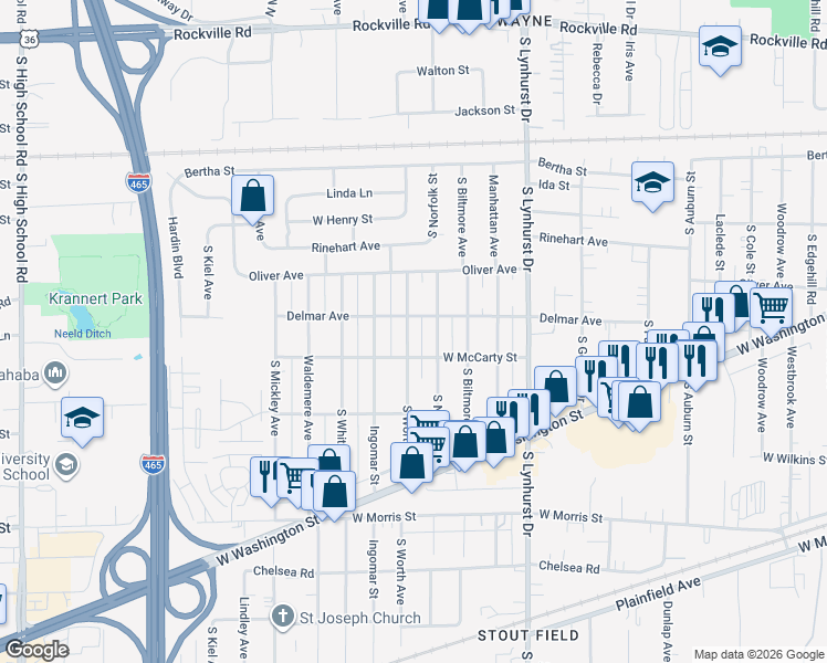 map of restaurants, bars, coffee shops, grocery stores, and more near 715 South Worth Avenue in Indianapolis