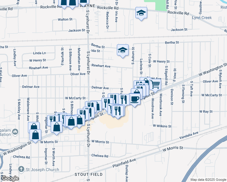 map of restaurants, bars, coffee shops, grocery stores, and more near 5145 Delmar Avenue in Indianapolis