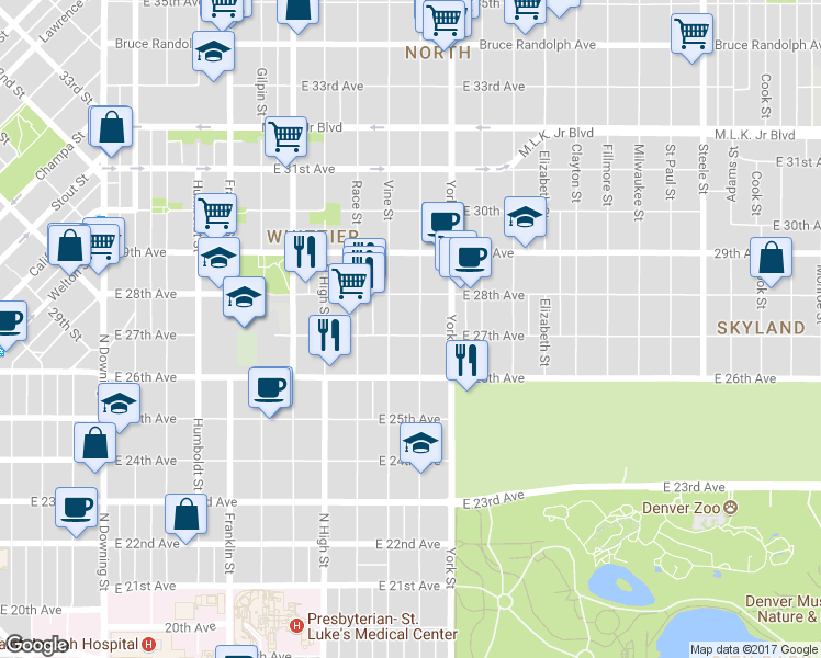 map of restaurants, bars, coffee shops, grocery stores, and more near 2701 North Gaylord Street in Denver