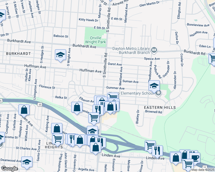 map of restaurants, bars, coffee shops, grocery stores, and more near 1613 Gummer Avenue in Dayton