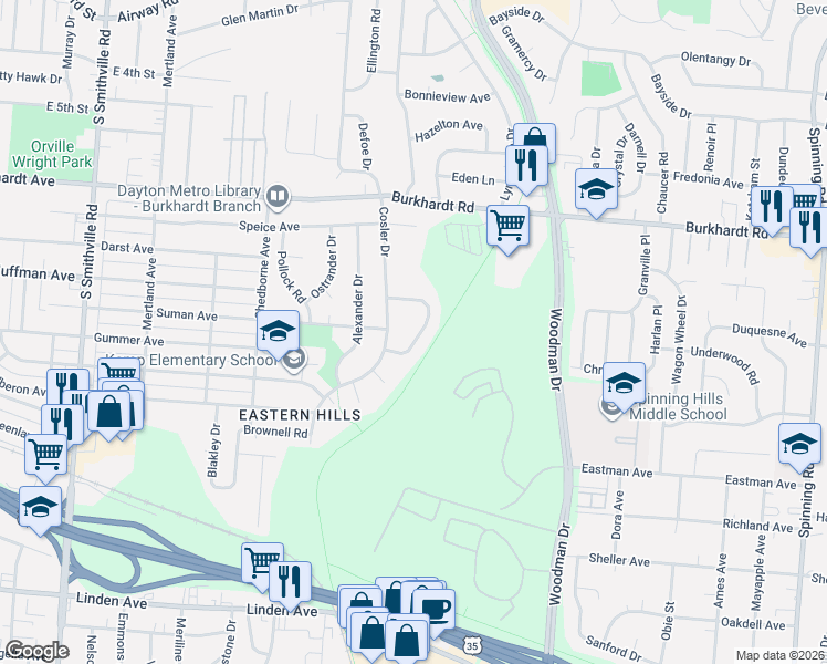map of restaurants, bars, coffee shops, grocery stores, and more near 633 Fulmer Dr in Dayton