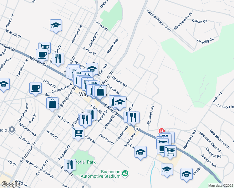 map of restaurants, bars, coffee shops, grocery stores, and more near 50 Cottage Street in Waynesboro