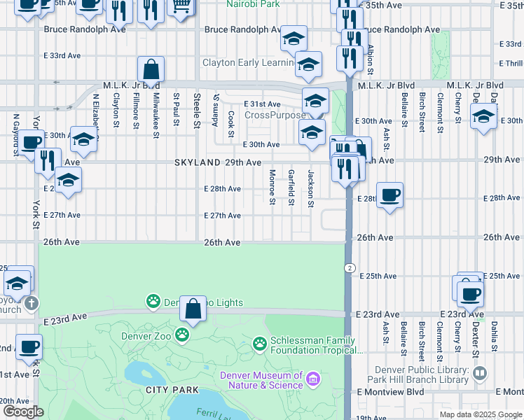 map of restaurants, bars, coffee shops, grocery stores, and more near 3521 East 27th Avenue in Denver
