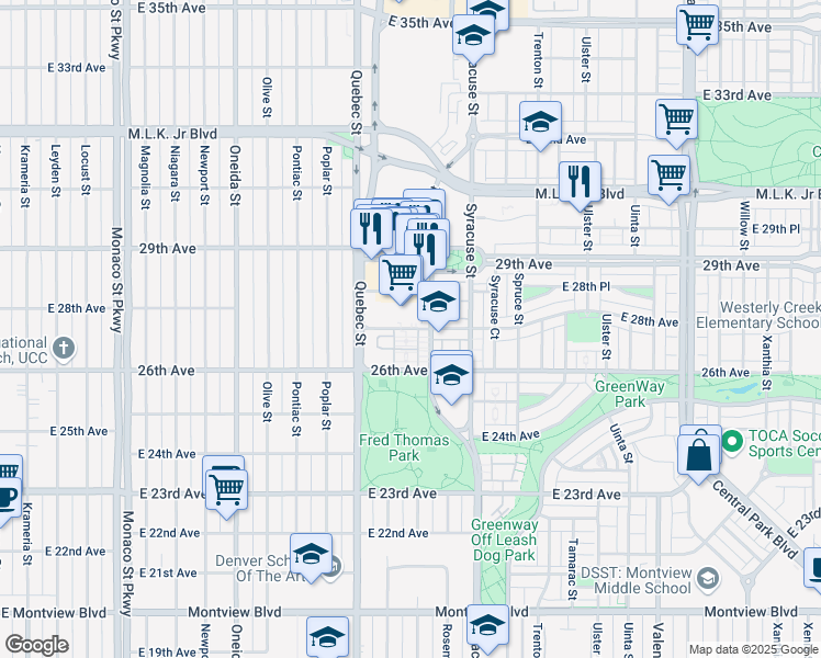 map of restaurants, bars, coffee shops, grocery stores, and more near 7596 E 28th Ave in Denver
