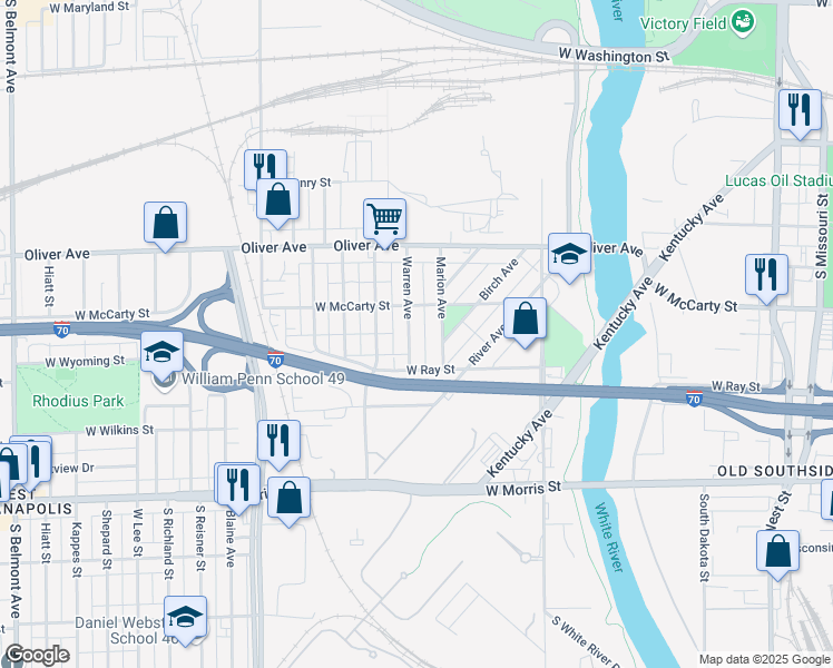 map of restaurants, bars, coffee shops, grocery stores, and more near 901 Warren Avenue in Indianapolis