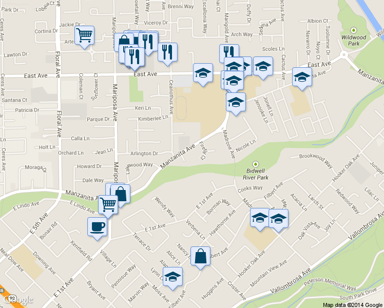 map of restaurants, bars, coffee shops, grocery stores, and more near 1465 Manzanita Avenue in Chico