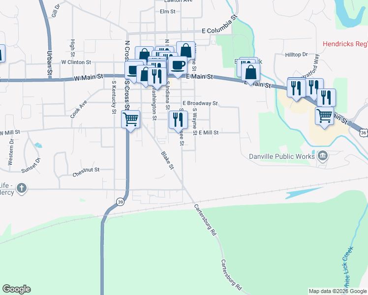 map of restaurants, bars, coffee shops, grocery stores, and more near 455 South Tennessee Street in Danville