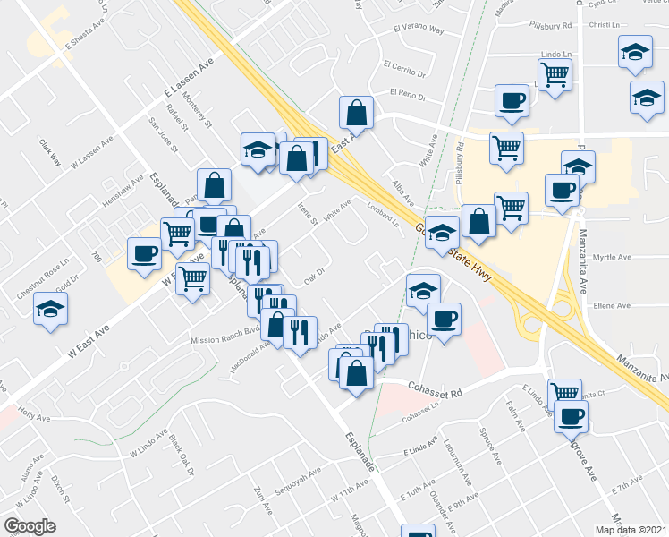 map of restaurants, bars, coffee shops, grocery stores, and more near 62 Oak Dr in Chico