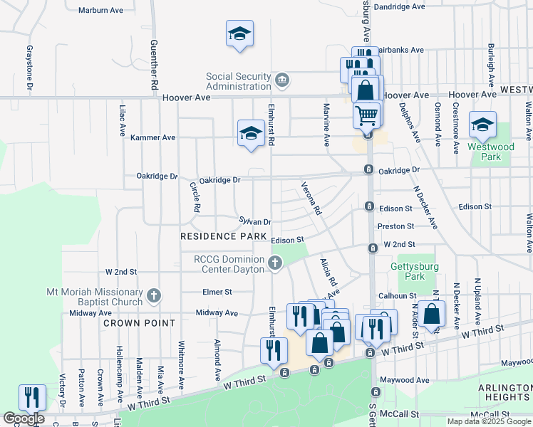 map of restaurants, bars, coffee shops, grocery stores, and more near 711 Elmhurst Road in Dayton