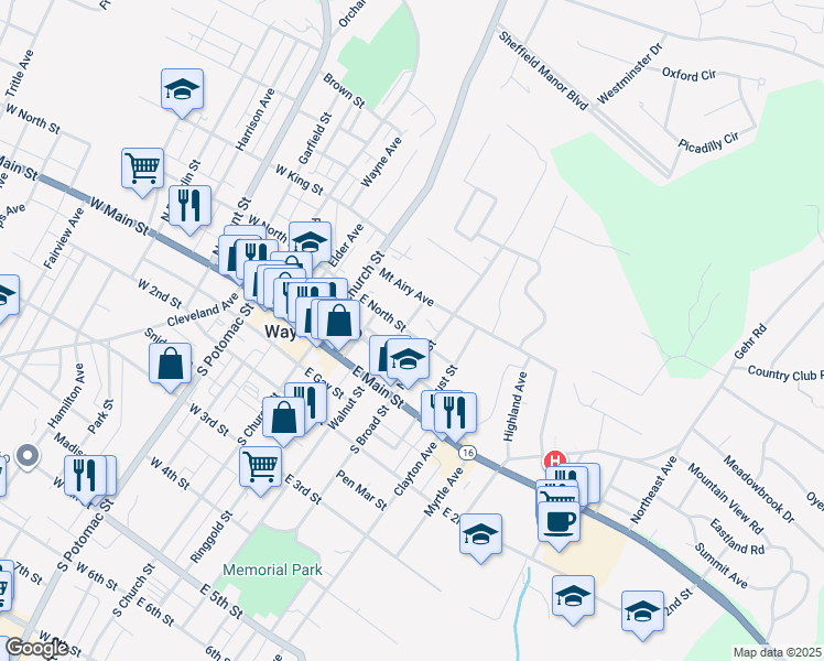 map of restaurants, bars, coffee shops, grocery stores, and more near 111 East North Street in Waynesboro
