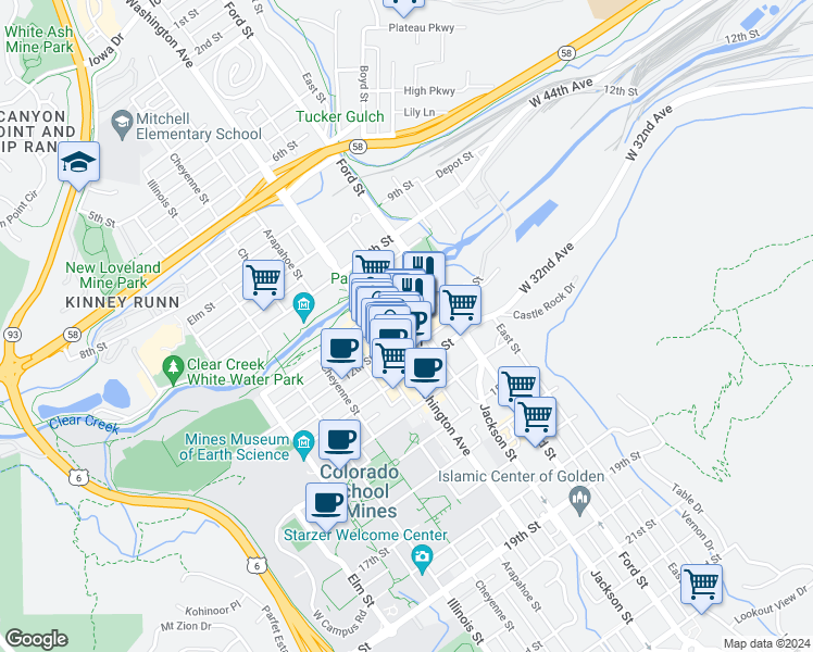 map of restaurants, bars, coffee shops, grocery stores, and more near 700 12th Street in Golden