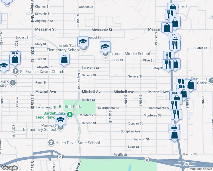 map of restaurants, bars, coffee shops, grocery stores, and more near 3240 Penn Street in Saint Joseph