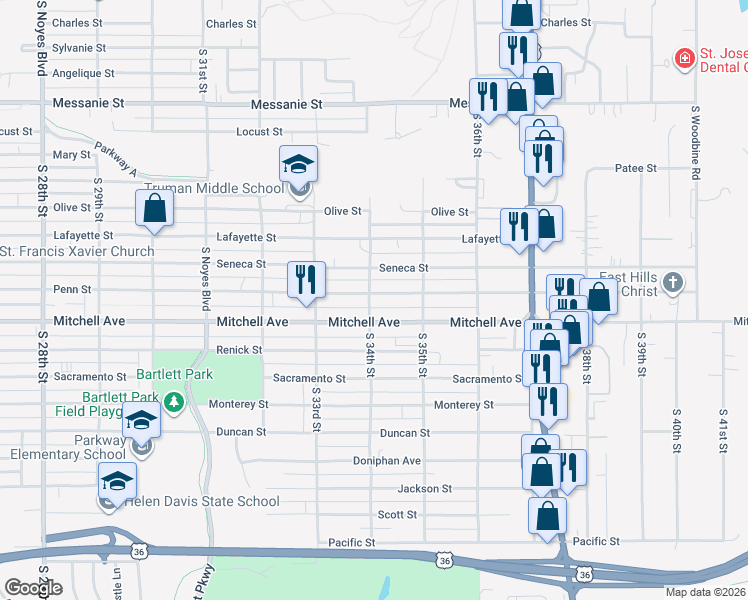 map of restaurants, bars, coffee shops, grocery stores, and more near 3402 Penn Street in Saint Joseph