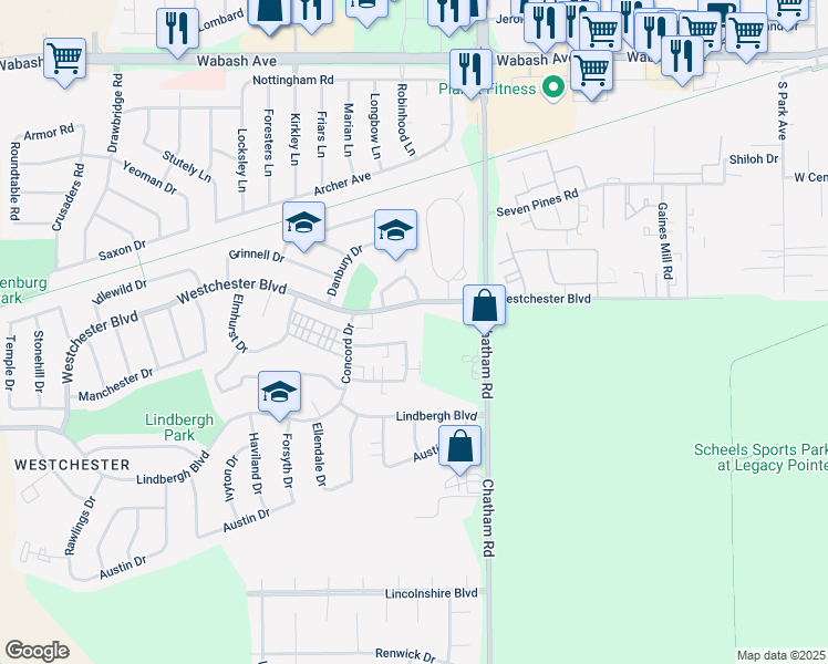 map of restaurants, bars, coffee shops, grocery stores, and more near 2101 Lexington Drive in Springfield