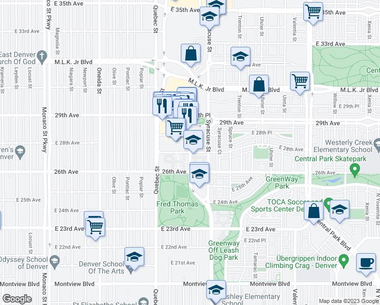 map of restaurants, bars, coffee shops, grocery stores, and more near E 28th Ave & Roslyn St in Denver
