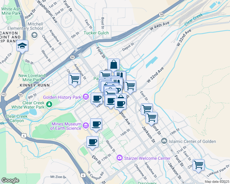 map of restaurants, bars, coffee shops, grocery stores, and more near in Golden