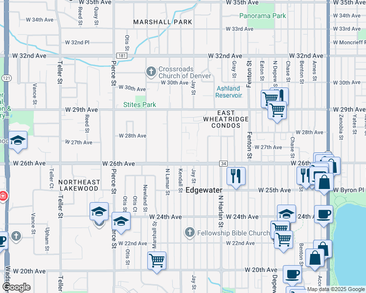map of restaurants, bars, coffee shops, grocery stores, and more near 2630 Kendall Street in Denver