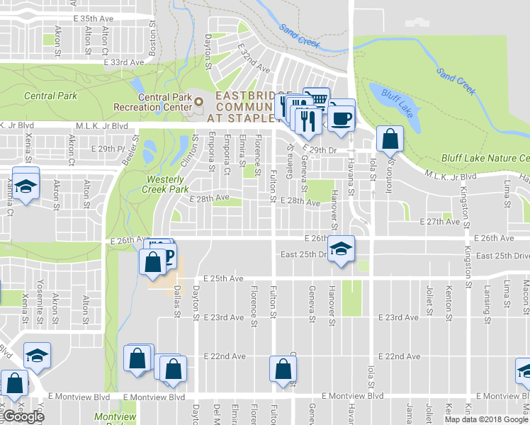map of restaurants, bars, coffee shops, grocery stores, and more near 2750 Florence Street in Denver