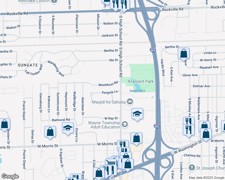 map of restaurants, bars, coffee shops, grocery stores, and more near 6322 Pergola Lane in Indianapolis
