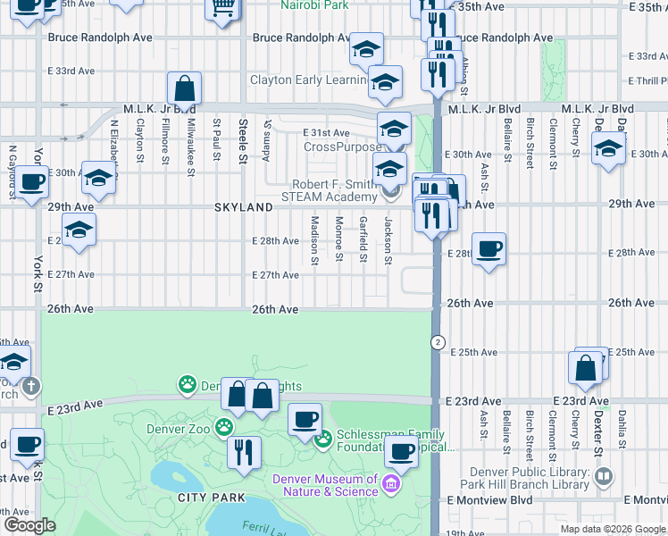 map of restaurants, bars, coffee shops, grocery stores, and more near 3521 East 27th Avenue in Denver