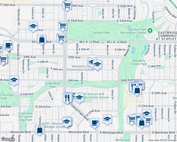 map of restaurants, bars, coffee shops, grocery stores, and more near 8750 East 28th Avenue in Denver