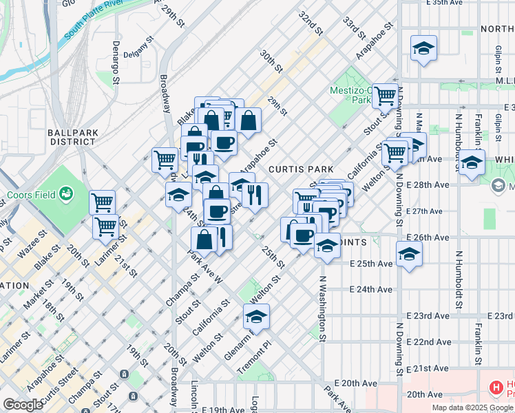 map of restaurants, bars, coffee shops, grocery stores, and more near 2575 Champa Street in Denver