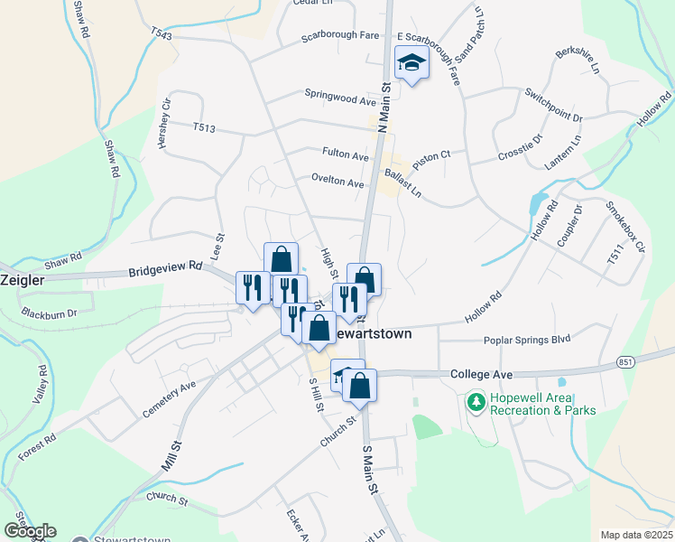 map of restaurants, bars, coffee shops, grocery stores, and more near 27 High Street in Stewartstown