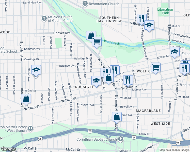 map of restaurants, bars, coffee shops, grocery stores, and more near 2001 West 1st Street in Dayton