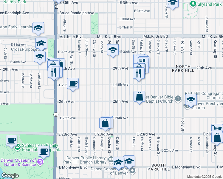 map of restaurants, bars, coffee shops, grocery stores, and more near 2668 Dexter Street in Denver