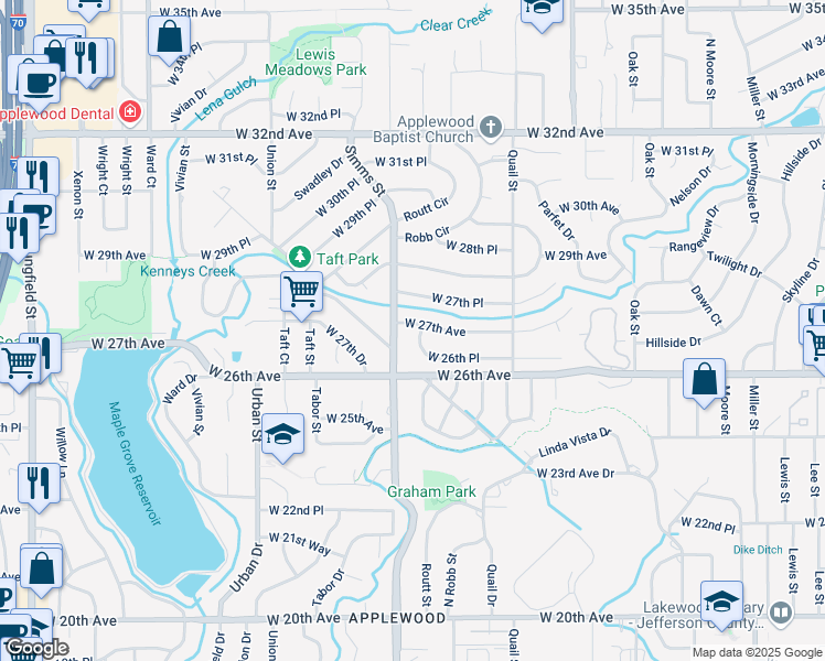 map of restaurants, bars, coffee shops, grocery stores, and more near 11558 West 27th Avenue in Lakewood