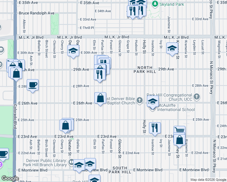map of restaurants, bars, coffee shops, grocery stores, and more near 2664 Forest Street in Denver