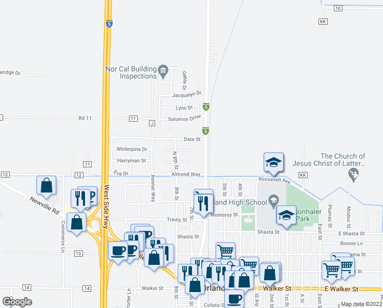 map of restaurants, bars, coffee shops, grocery stores, and more near 705 Peach Circle in Orland