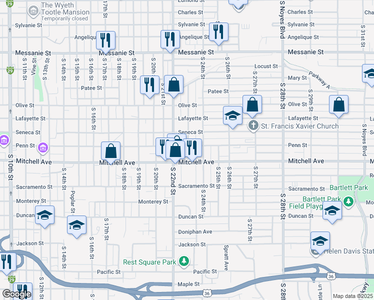 map of restaurants, bars, coffee shops, grocery stores, and more near 1208 South 23rd Street in Saint Joseph