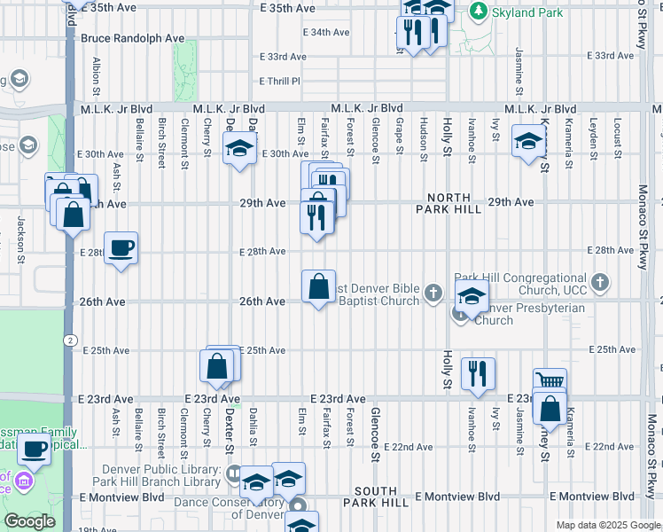 map of restaurants, bars, coffee shops, grocery stores, and more near 2672 Fairfax Street in Denver