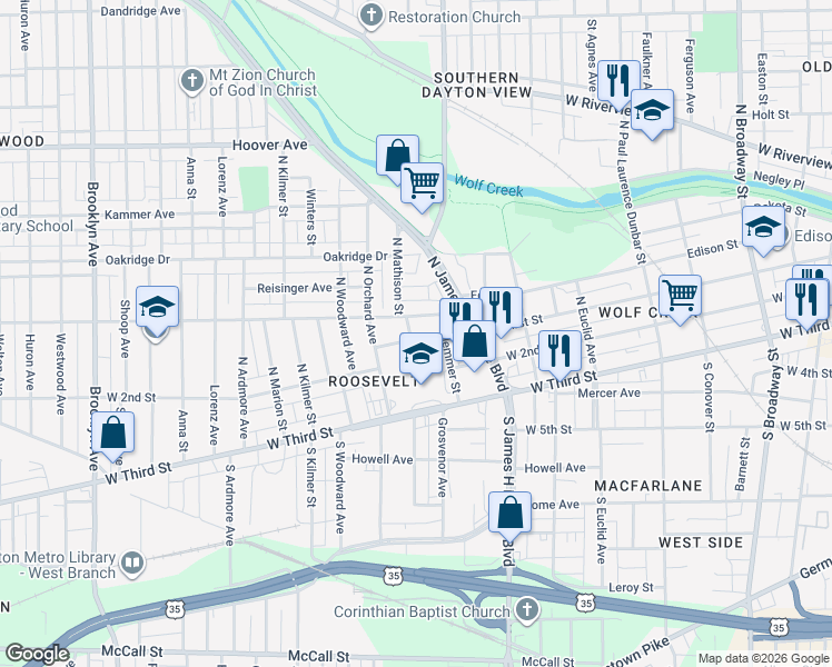 map of restaurants, bars, coffee shops, grocery stores, and more near 2001 West 1st Street in Dayton