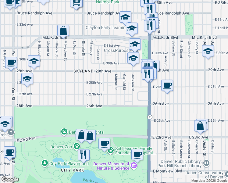 map of restaurants, bars, coffee shops, grocery stores, and more near 3521 East 27th Avenue in Denver