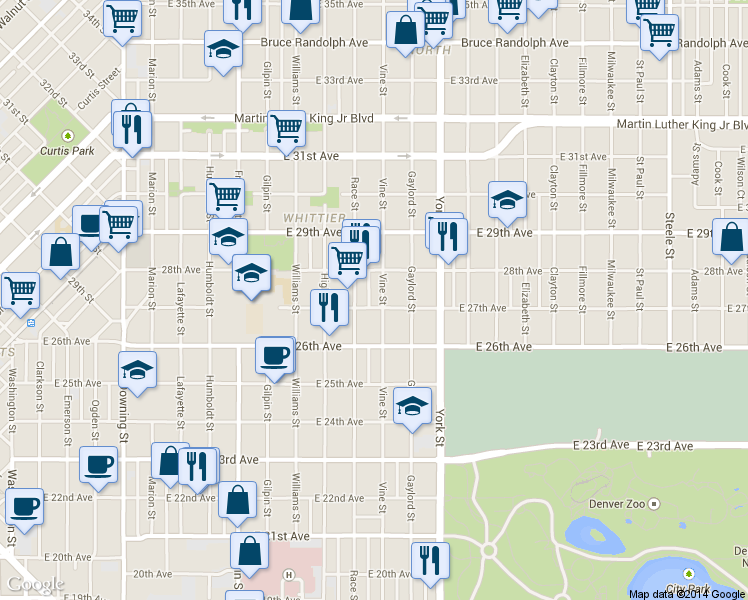 map of restaurants, bars, coffee shops, grocery stores, and more near 2711 Vine Street in Denver