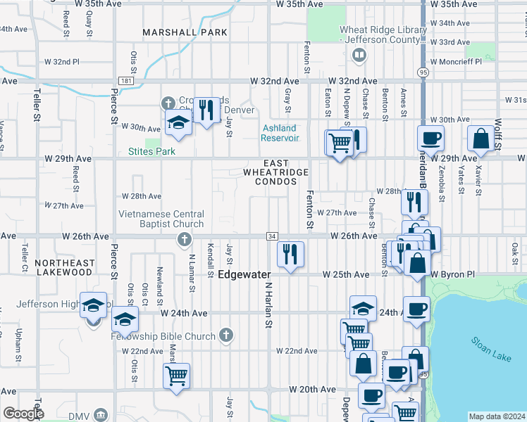 map of restaurants, bars, coffee shops, grocery stores, and more near 2711 North Harlan Street in Wheat Ridge