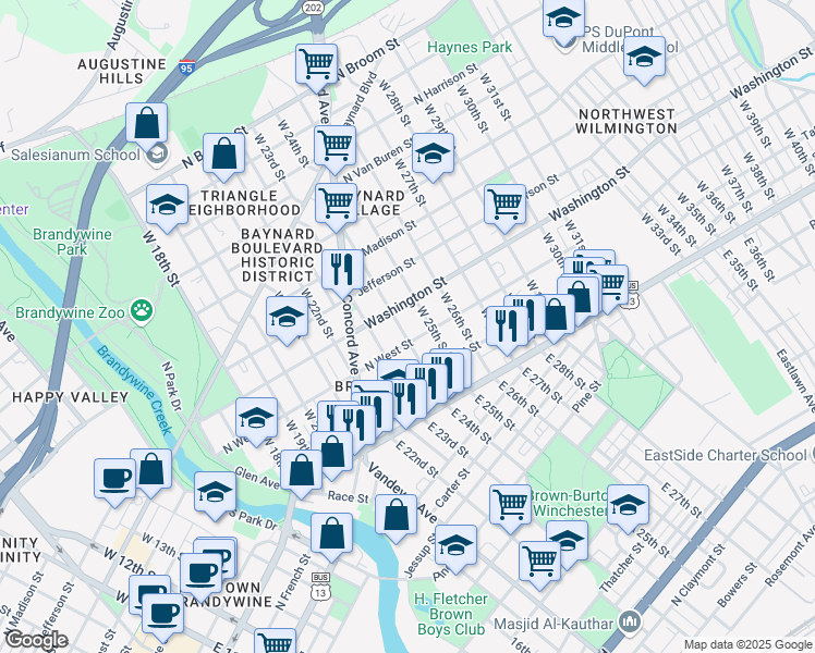 map of restaurants, bars, coffee shops, grocery stores, and more near 208 West 25th Street in Wilmington