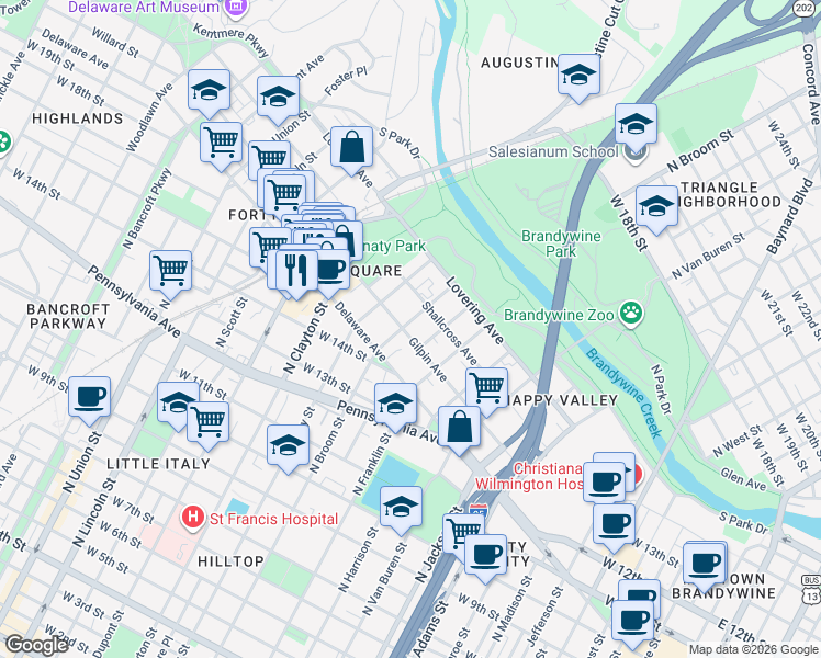 map of restaurants, bars, coffee shops, grocery stores, and more near 1604 North Broom Street in Wilmington