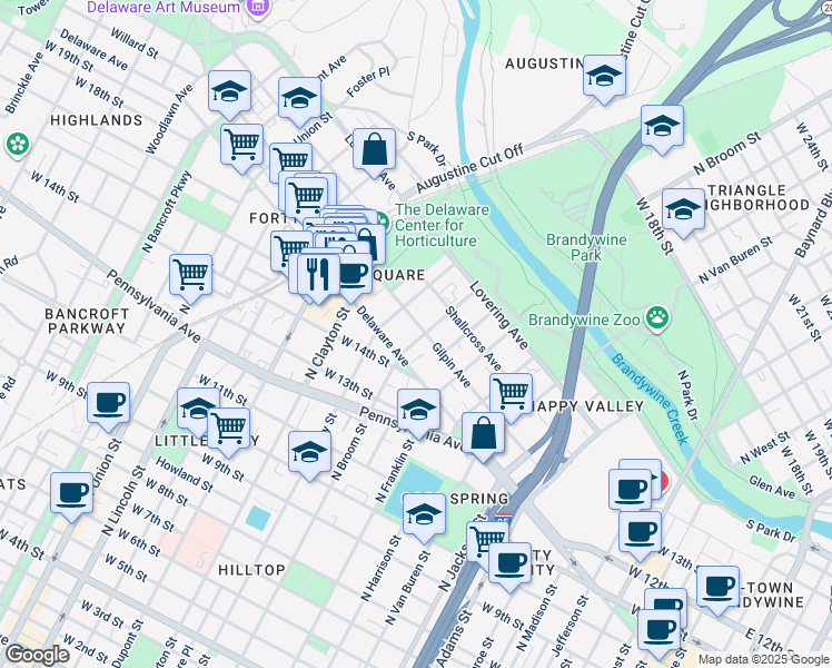 map of restaurants, bars, coffee shops, grocery stores, and more near 1407 Delaware Avenue in Wilmington
